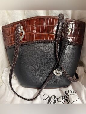 Brighton Black and Brown Croc-Trim Leather Tote bucket bag